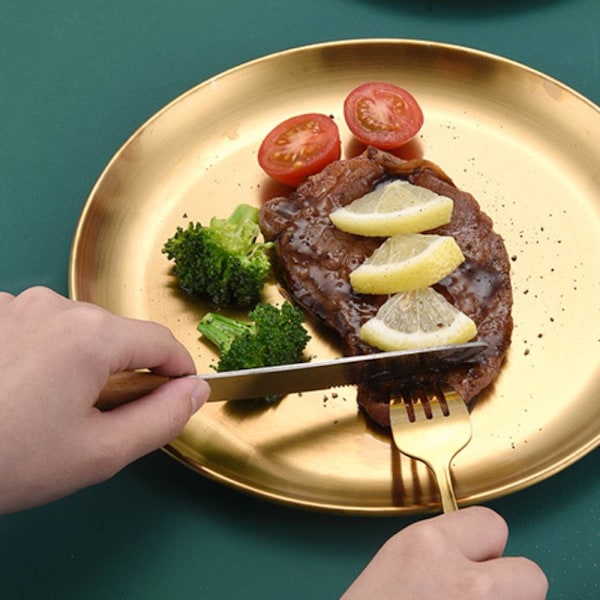 304 rostfritt stål rund bricka, fruktfat tårtfat Gold 17cm