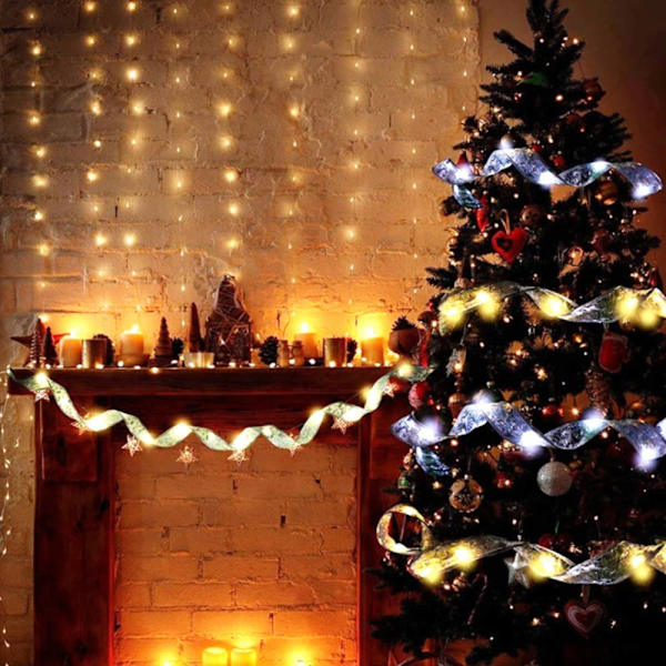 Julgran dekoration band ljus sträng, presentförpackning rosett Silver 5 meters 50 lights warm light