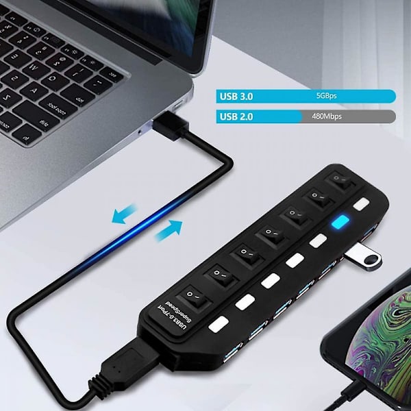 USB Hub 3.0 7 Port Data Hub USB Splitter med individuell