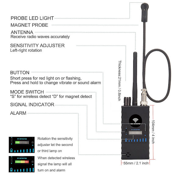 Anti Spy Camera Bug RF-signaldetektor 1MHz-6.5GHz, Trådlös