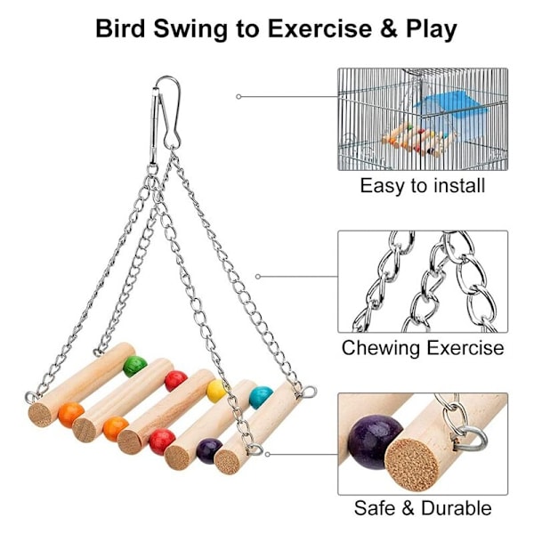 8 förpackningar Bird Parrot Swing Hängande leksak, Natural Wood Bell Bird