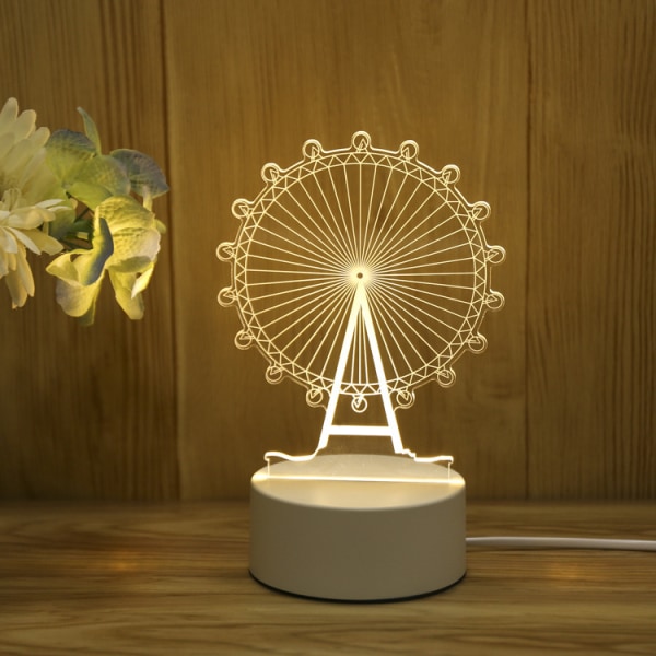 3D tecknad nattlampa, led sänglampa DIY akrylpresent White Ferris wheel