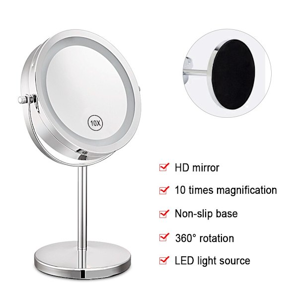 LED sminkspegel 360 grader roterande med LED-ljus 10x
