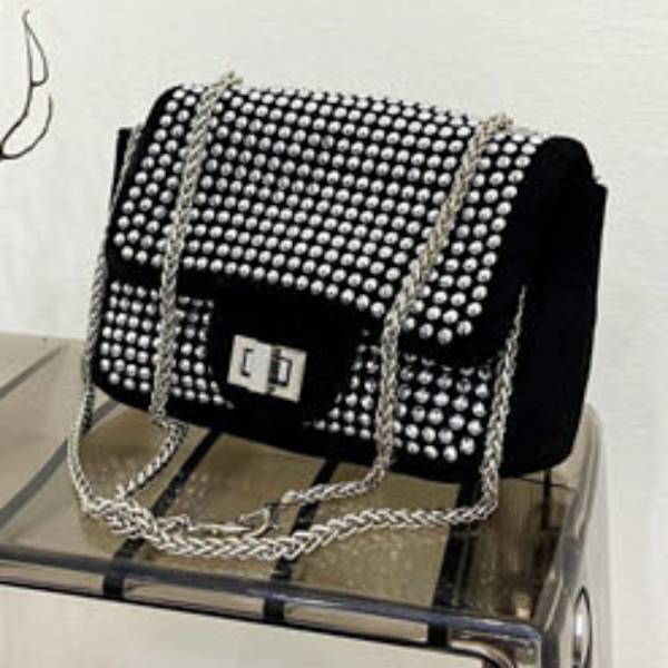 Mode Rhinestone Chain Liten fyrkantig väska, Ladies One Black