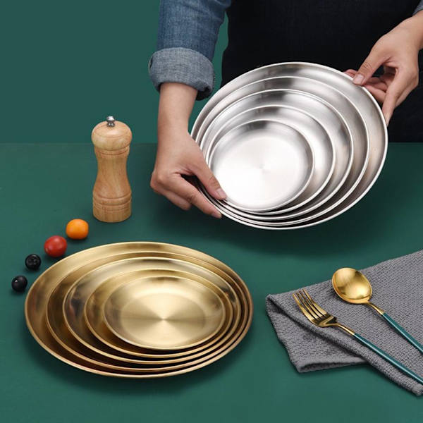 304 rostfritt stål rund bricka, fruktfat tårtfat Silver 14cm
