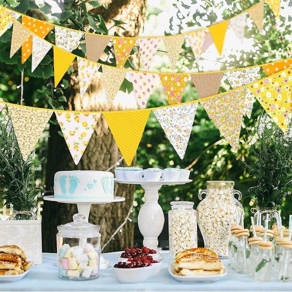 (Gul) Tyg Bunting Banner Vintage Flagga blommiga vimplar