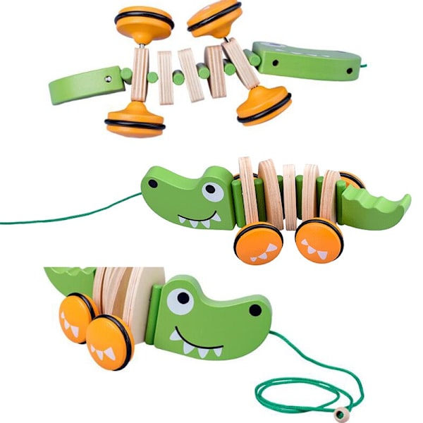 Tecknad Traktorer Djur Gå En Lång Valp Krokodil Trä