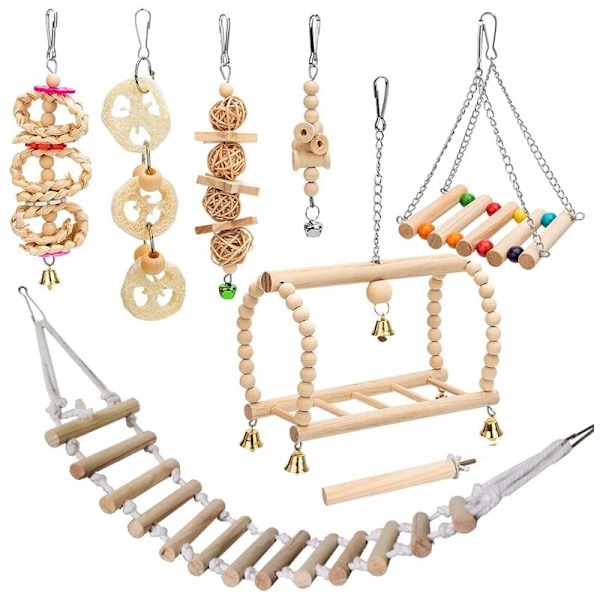 8 förpackningar Bird Parrot Swing Hängande leksak, Natural Wood Bell Bird