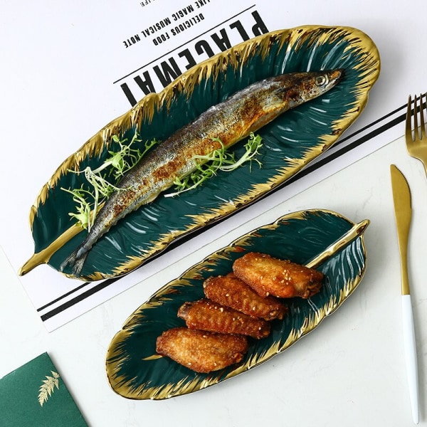 Nordic Style Lövform Keramikbricka Oval Metall Guld Snack