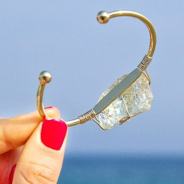 Natursten Wire Wrap Oregelbunden Crystal Quartz Cuff Koppar