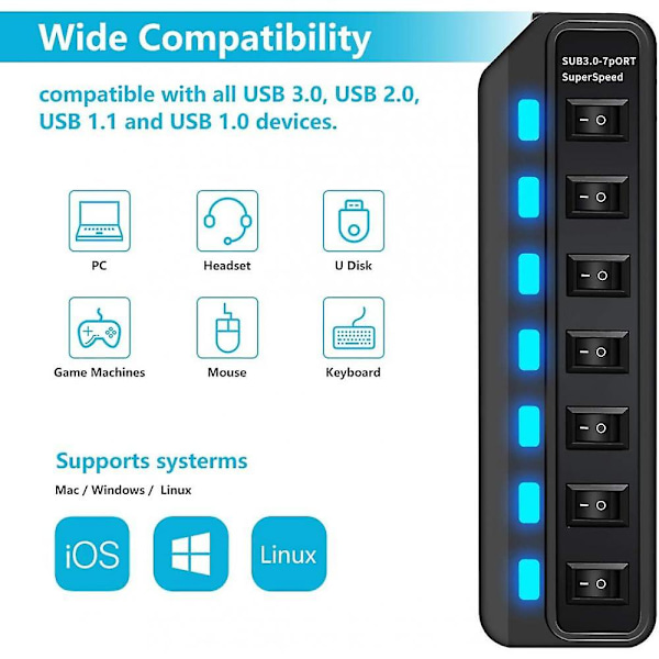 USB Hub 3.0 7 Port Data Hub USB Splitter med individuell