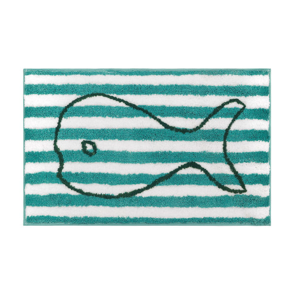Små fiskar flockar barns tecknade golvmatta, badrum Colorful green striped fish