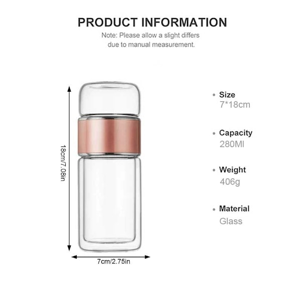 280 ml tevattenflaska hög borosilikatglas dubbelvägg