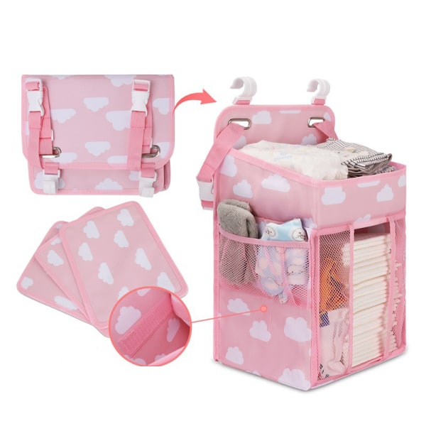 Spjälsäng förvaring hängande väska, sängen blöja kläder organisera Pink