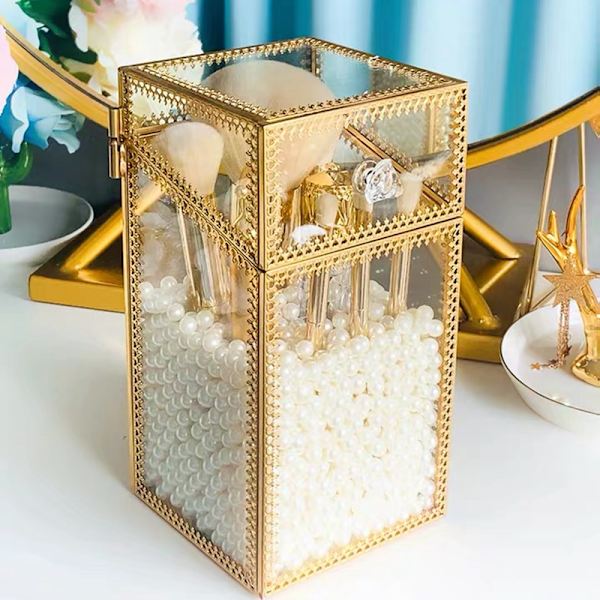 Gold Border Makeup Brush Förvaringsbox Transparent pennhållare