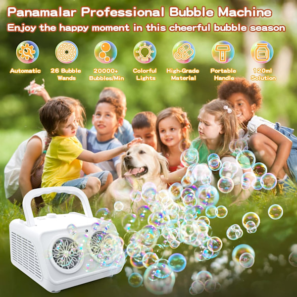 Professionell Automatisk Bubbelmaskin, 20 000+ Bubblor/Min, Fläkt för Barn, 26 Hål, 120ml Lösning