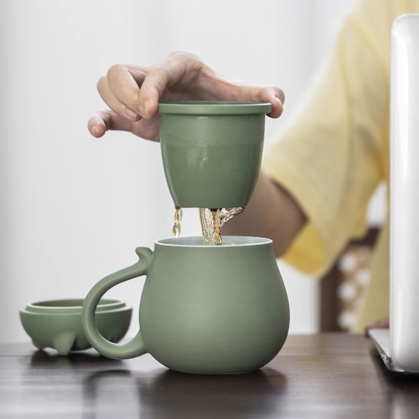 Keramisk tekopp med teinfuser og lokk, tekopp for å trekke løs te, gave til ferie, bursdag, innflytting Green