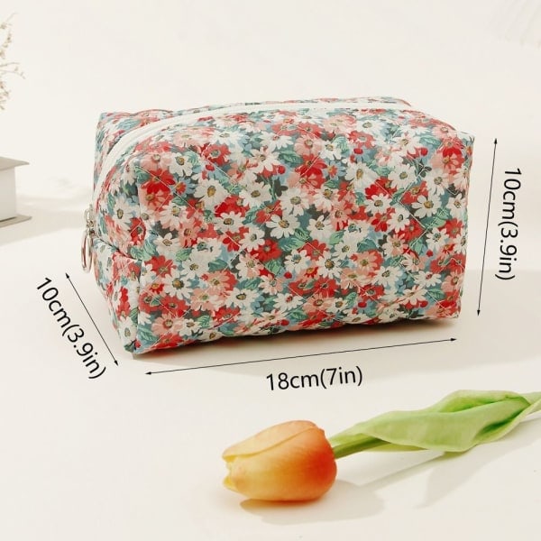 Blomstermønstret Puffy Quilted Makeup Bag Stor Reise Kosmetikkveske GRØNN GRØNN GREEN