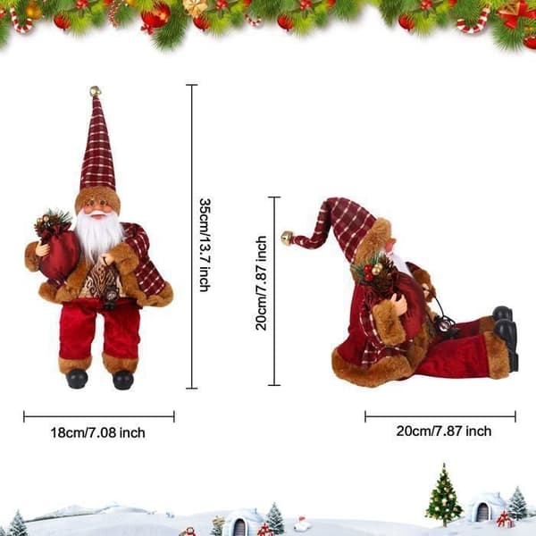35 cm siddende julemandsfigur, julepynt, dukke med gavepose, traditionel rød julemandsfigur