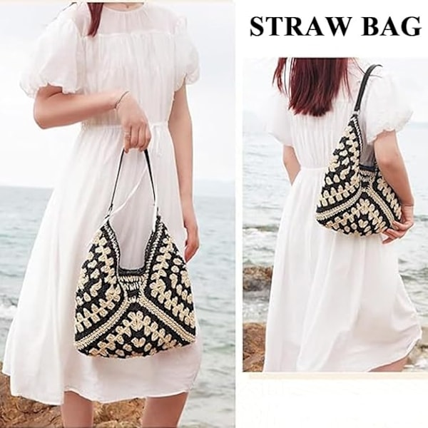 Stor Crossbody-väska för Kvinnor, Sommarväska i Raffia, Damväska i Halm, Sommarstrandväska, Tygväska, Virkade Väskor Negro