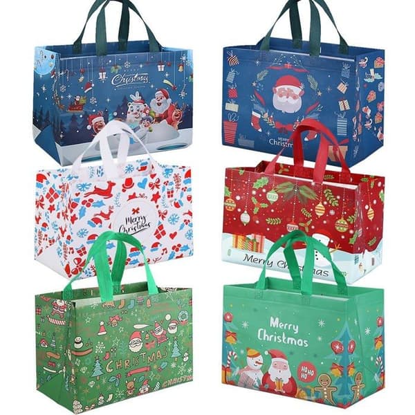 Juleindkøbsposer, sæt med 6 gaveposer med håndtag, genanvendelige festlige indkøbsposer til julefrokoster