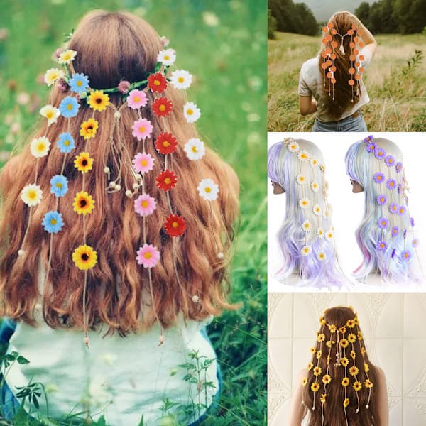 Hårbånd Blomsterkrans, Hippie Hodeplagg for Kvinner, Justerbart Blomsterhodeplagg Hårtilbehør