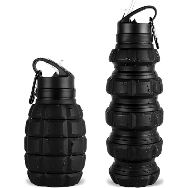 Foldbar Rejs Vandflaske 18oz, Genanvendelig BPA Fri Silikon Foldbar Vandflaske til Træning Camping Vandreture, Sports Vandflaske med Karabinhage Black