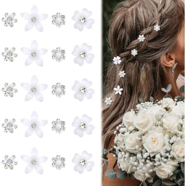 Sæt med 20 mini blomsterformede hårspænder med rhinsten - Små dekorative hårspænder til bryllupper