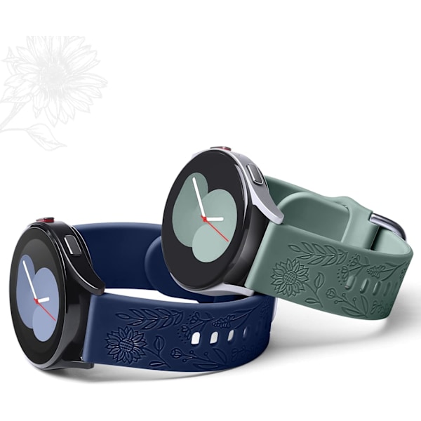 Auringonkukka-kaiverrettu ranneke Samsung Galaxy Watch 7 6 5 4 40mm 44mm naisille, 20mm pehmeä silikoniranneke Galaxy Watchille Dark Blue