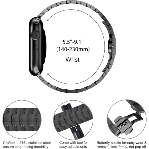 Apple Watch Ultra Rem for menn, 49mm 45mm 44mm 42mm Series, metallrem for iWatch, rustfritt stål Black 38/40/41mm