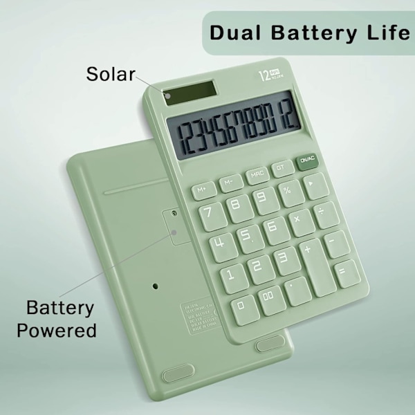 Bordberegner med store tastaturknapper, 12 cifre standard stor LCD-skærm Sol- og batteridrevet til kontor, skole, hjem & erhvervsbrug Green