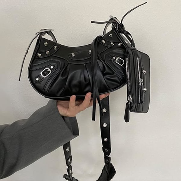 Dames axelväska gotisk nitar tote crossbody messenger PU läder nitar handväska för kvinnor justerbar rem
