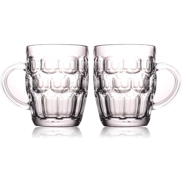 1 Pint Dimpled Beer Mug Set of 2 - Heavy British Pub Thick Glass with Handle