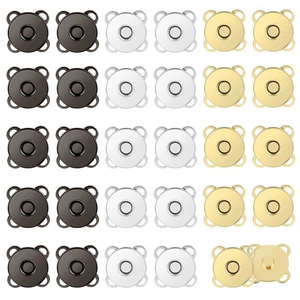 Magnetiske trykknapper - 30 par, 14 mm, sort/sølv/guld - Velegnet til syning, tilbehør