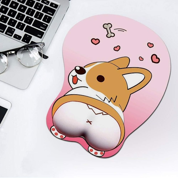 3D Musematte med håndleddstøtte, Ergonomisk myk silikon gel spillmusematte, Søt Corgi hund anime musematte for PC bærbare datamaskiner Pink