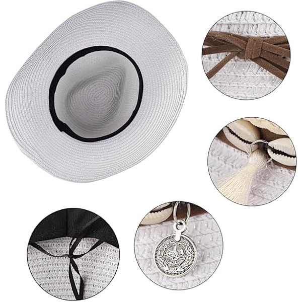 Sommerhatt i strå for kvinner - Cowboy/Cowgirl-hatt med bred brem - Strandhatt med skallbånd White