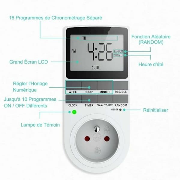 Digital programmerbar stikkontakt – Ugentlig timer med LCD-display, 12H/24H/7 dage til husholdning