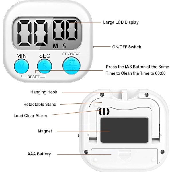 Kjøkken Timer Magnetisk, Digital Timer med Høy Alarm for Barn, Tidtaker med Stativ for Studie, Arbeid, Trening, Matlaging White