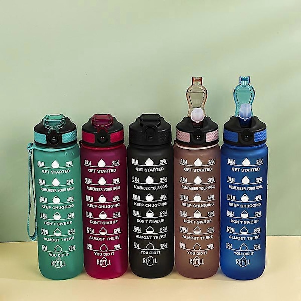 1 litran motivoiva urheilujuomapullo pillillä, tiivis, BPA-vapaa muovinen juomapullo 1l, suunniteltu tytöille ja pojille juoksuun ja pyöräilyyn blue