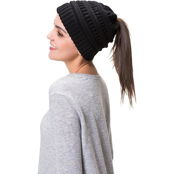 Dame Cable Strikket BeanieTail Messy Bun Hestehalehette Varm Vinter Beaniehatt Black