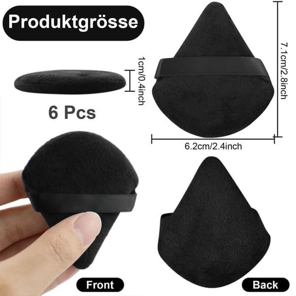 Sæt med 6 sorte trekantede fløjlsklude - Vaskbare - Til tør/våd makeup (pudder/foundation)