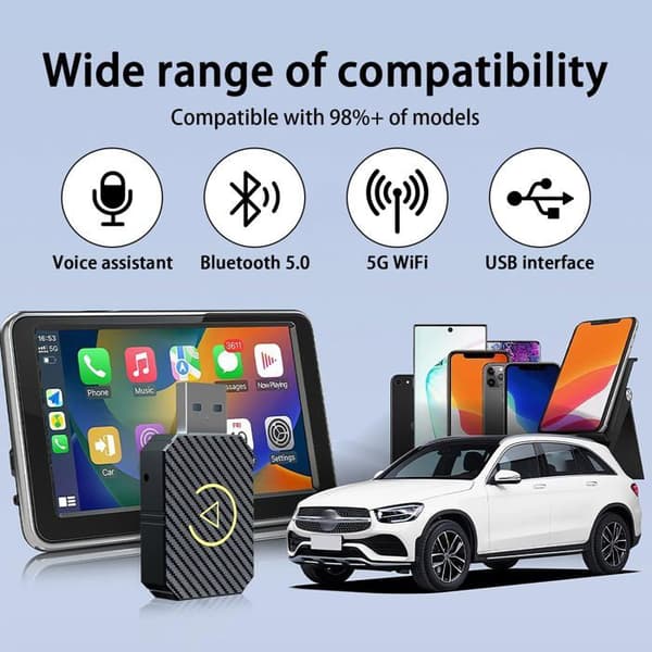 2-in-1 langaton Carplay/Android Auto -sovitin - USB C/A Plug&Play - iOS10+/Android11+ - Bluetooth/Assistant