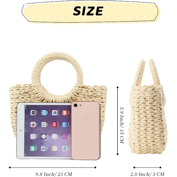 Stråväska för damer, vävd crossbody axelväska handväska satchel för sommaren Beige