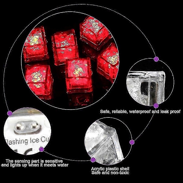 Valaisevat jääpalat, 12 kpl monivärisiä LED-jääpaloja, uudelleenkäytettäviä hehkuvia vilkkuvia jääpaloja klubille, baariin, juhliin Red