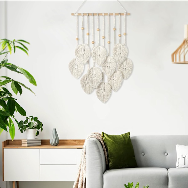 Makramé Veggdekor Beige Blad Kvastvev Boho Chic Veggdekor Håndlaget Vevd Veggkunst for Soverom Stue Kontor Leilighet Ornament White