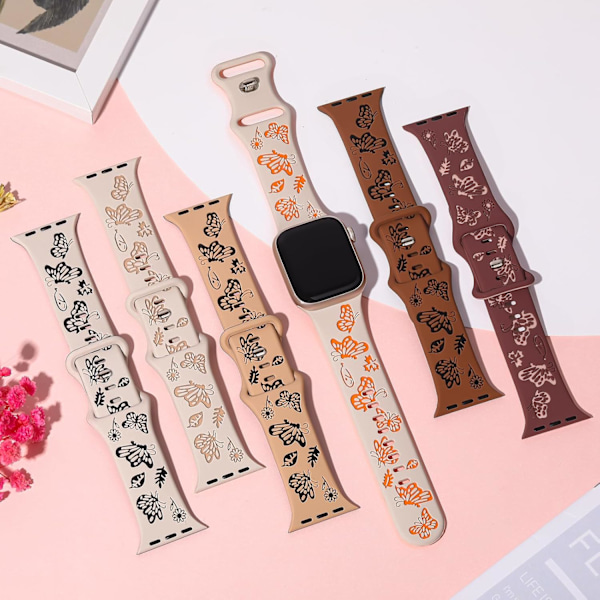 Floral graveret rem til Apple Watch-remme til kvinder, damer urrem, silikone sød blomst sommerfugl sport band til Apple Watch-serie Gray Cyan 38/40/41mm