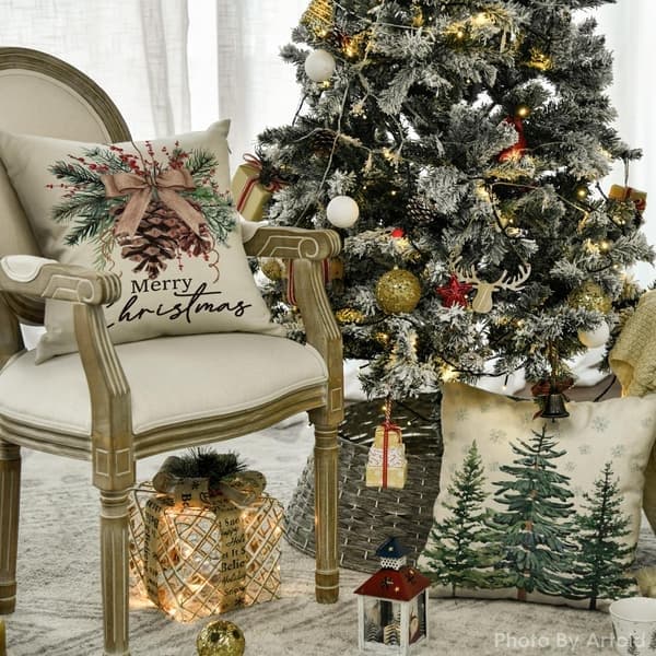 Julkuddfodral Set om 4, 45x45 cm, Tallar och Renar, Vinter Jul Dekorativa Kuddfodral Soffa Vardagsrum