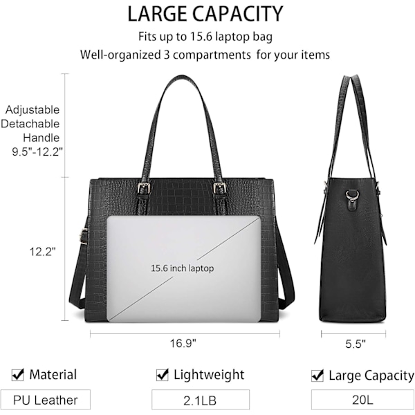 Lubardy 15,6 tommers laptopveske, stor vanntett crossbody-veske for kvinnelige studenter, PU-skinn shopper tote, svart