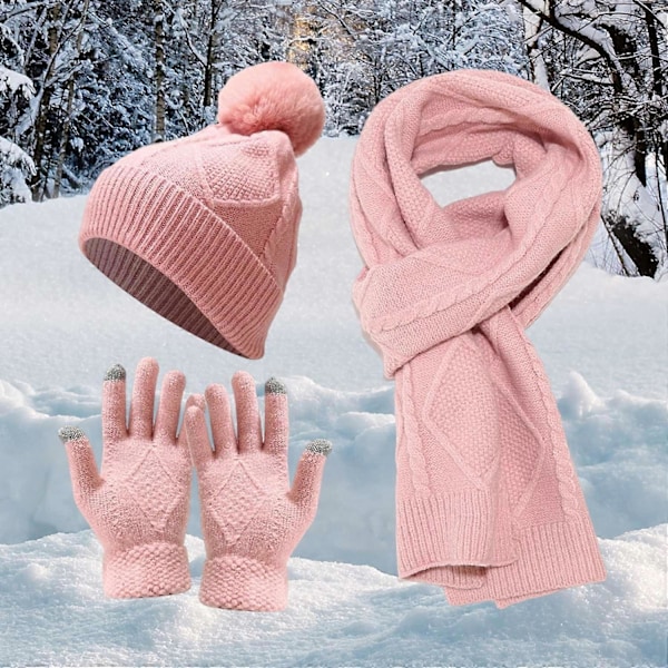 3 stk/sett Herre Vinterlue Skjerf Hansker Sett Tykk Strikket Varm Elastisk Ørebeskyttelse Fem Fingre Beige