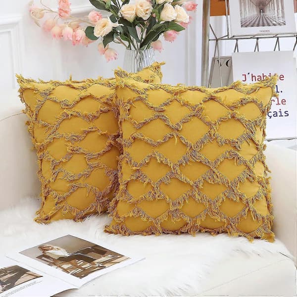 Wekity Senapsgul Dekorativa Kuddfodral 45 x 45 cm 2-pack Boho Prydnadskuddfodral för Soffa och Bäddsoffa, 100% Bomull